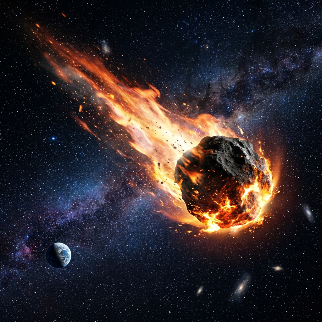 A large fiery meteor with burning flames and sparks approaching Earth against a star-filled cosmic background