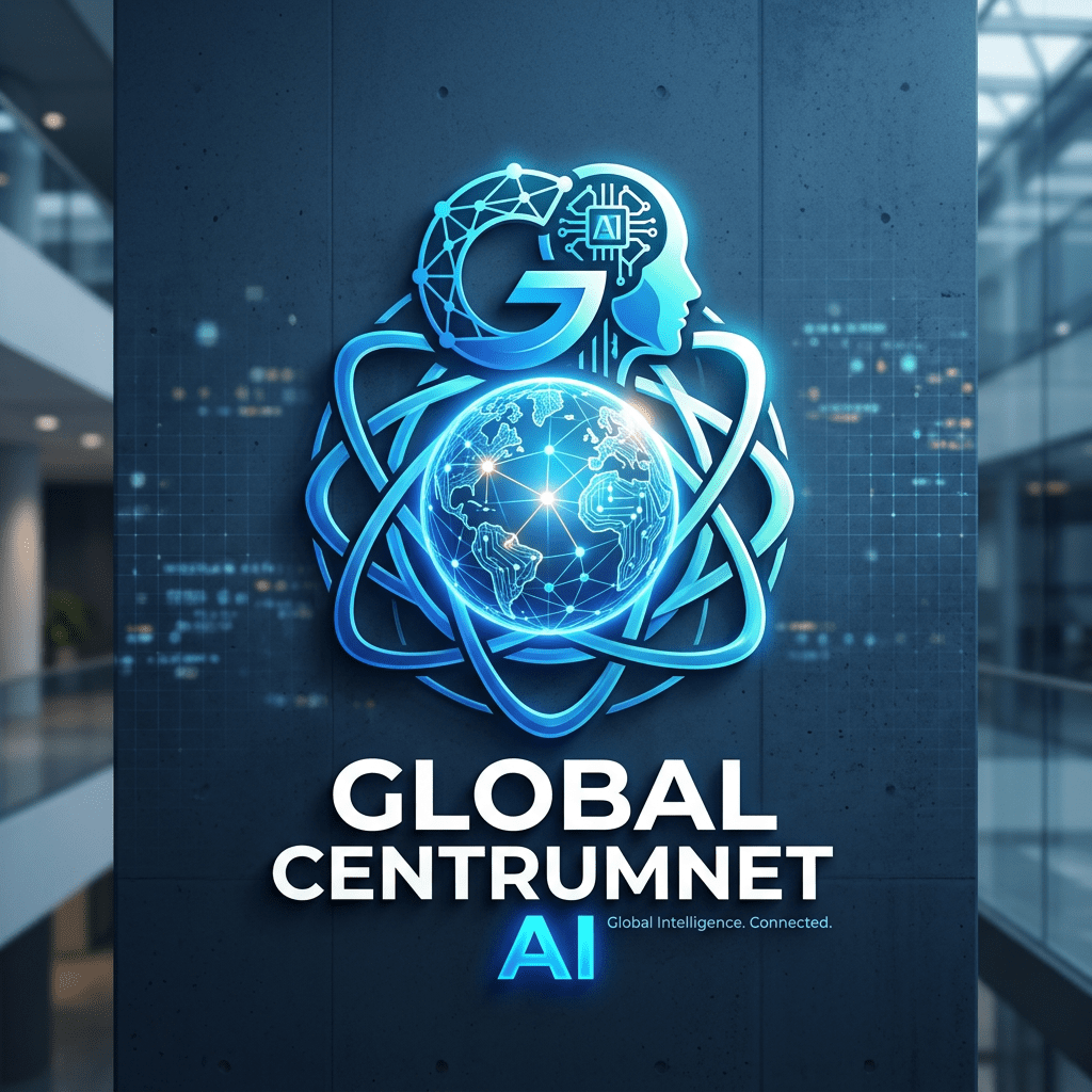 Logo featuring a globe with network connections encircled by atomic orbit design and AI human profile